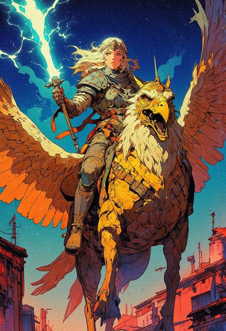 (A highly detailed) (up to down view) Fierce woman warrior, with a tiara on her head, female fantasy armor from the Middle Ages, holding something like a lightning bolt, which glows bright cyan light, she is as if ready to throw it, the woman is riding a fetesian griffin in golden armor, they are in the air, in flight, in the background you can see the stardust evening sky and the buildings of a Ancient village , retro anime, fantasy art
,  anime, cyberpunk