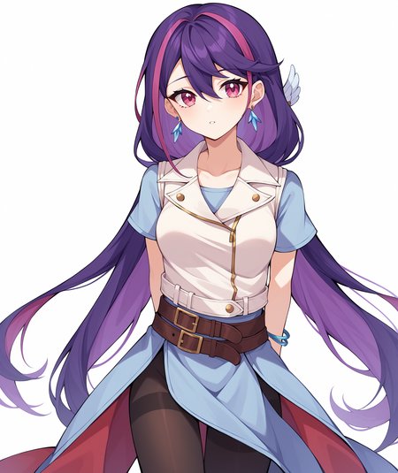 score_9, score_8_up, score_7_up, score_6_up, score_5_up, score_4_up, BREAK, source_anime, best quality, masterpiece, 2d, intricate details, official style, anime, 4k, anime style,
pobsidian, 1girl, solo, hair between eyes, very long hair, purple hair, long hair, pink eyes, two-tone hair, breasts, bangs, hair ornament, red eyes, streaked hair, 
dress, collarbone, jacket, short sleeves, vest,pantyhose, multicolored hair, sleeveless, belt, black pantyhose, brown belt, jewelry, earrings, bracelet, kurosaki ruri,
arms behind back, cowboy shot, looking at viewer, white background, simple background, <lora:add_details_xl:0.4>, <lora:Obsidian_Pony:1>
