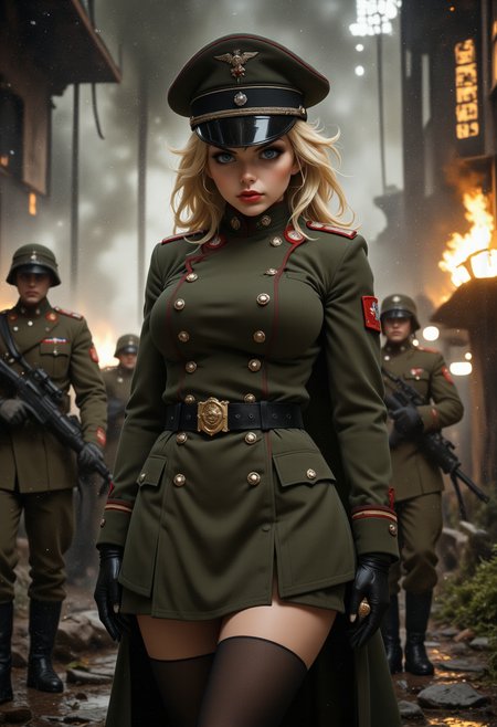 She is approximatley 18 years old, Full body view,dynamic angles, petite body,  photoshoot poses, she has an evil smile, She has blonde hair, A photo of T@nya_TE a young woman,is dressed in a military uniform, black thigh highs, and black boots, with a hat and a tie. She is looking at the camera. The photo is in a black and white style, giving it a vintage feel. she is wearing a green jacket and a red tie, which adds a pop of color to the image. The background is blurred, focusing the viewer's attention on  her uniform. She is holding a vintage ww2 handgun, She is leading german soldiers into a battle, she is shooting at enemy soldiers. she is looking directly at the camera with a evil expression on her face.  The overall mood of the image is intense and dramatic,RAW candid cinema,16mm,color graded portra 400 film,remarkable color,ultra realistic,textured skin,remarkable detailed pupils,realistic dull skin noise,visible skin detail,skin fuzz,dry skin,shot with cinematic camera,detailed skin texture,(blush:0.2),(goosebumps:0.3),subsurface scattering,beautiful photograph in the style of Augustus John,Sergio Toppi,Virginia Frances Sterrett,8k HD,detailed skin texture,ultra realistic,textured skin,analog raw photo,cinematic grain,whimsical.Detailed hand,Perfect hand,aidmareduxstyle, aidmafluxpro1.1,Niji style