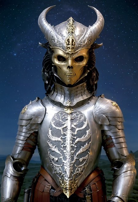 An insanely Detailed Divine Xenomorph, elfish, Golden and silver in color, cyberpunk, a crimson tinge to the golden color, Hyperdetailed, Omnipresent, Beautiful, Sinister overtones, otherworldly,((masterpiece, best quality)), fantasy, solo, 1 alien knight, silver armor chestplate with silver medieval ornaments and runes, galactic night sky background, perfect composition, sidelighting, outdoor,Ornamental armor