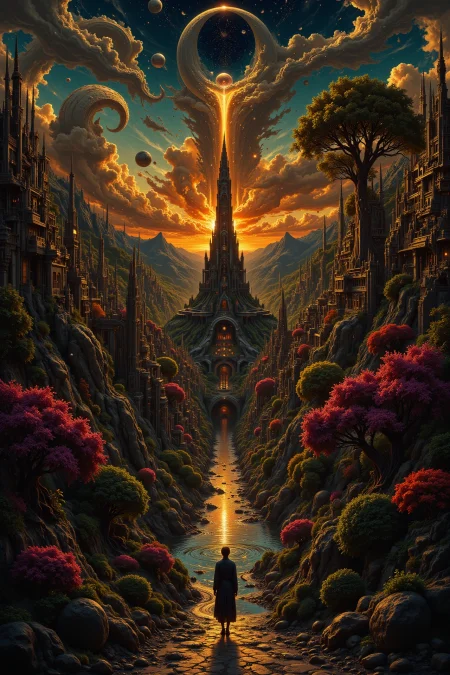 The City of Mirrors,beautiful landscape, golden hour, woman, very intricate, very detailed, sharp, colorful, <lora:Hand v2:0.5> <lora:Anti-Blur:1><lora:Insane Detail Slider:0.25>  <lora:flux.1_lora_flyway_Epic-detail_v2:0.3> <lora:fluxenhancer:0.25><lora:The_Dark_Side_Of_The_Future:0.4><lora:Neurocore Anime Cyberpunk v2.0:0.4> A digital artwork in the style of cknc