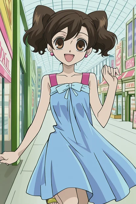 anime screencap, anime coloring, detailed face, perfect fingers, masterpiece, best quality, very aesthetic, absurdres, volumetric lighting, 
 <lora:Haruhi_Fujioka_and_Renge_Houshakuji_Ouran_High_School_Host_Club:1>
in a city, outdoor shopping mall,
Haruhi Fujioka (character), 1girl, solo, brown hair, brown eyes, Hahuri date outfit, Short hair, twintails  blue dress, earrings, jewely, bare shoulders, sandals, legs, toes,
girl directly facing the viewer, girl looking at the viewer, mouth open, big smile, happy girl, cute girl, detailed face, detailed eyes, traditional media, Ouran High School Host Club anime art style, official anime artwork, retro artstyle, 2000s anime look