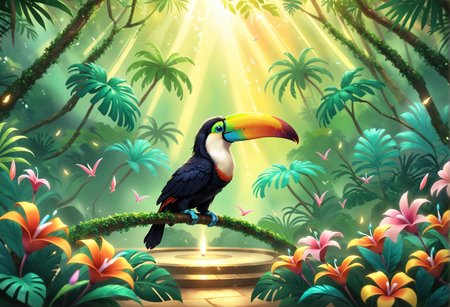 digital storybook illustration, textured brushwork, ancient, phantasmal, toucan, In a secluded sanctuary, a symphony of fragrances fills the air, as enchanting blooms perfume the surroundings, Dancing and shimmering  c0l0r, sharp focus, low detail, blurry foreground, 8k resolution, <lora:Style_soph-IllustriousStorybook-SDXL:0.8>