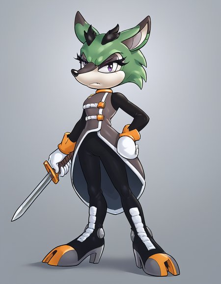 score 9, score 8 up, score 7 up, score 6 up, score 5 up, score 4 up, source_furry,colored, highly detailed, countershading,  <lora:Smooth Style 2 SDXL_LoRA_Pony Diffusion V6 XL:1>, <lora:Clove_the_Pronghorn_XL:1>, Clove the Pronghorn, green hair, green fur, high heel boots, purple eyes, white gloves, short hair, black pants, eyelashes, long sleeves, eyeshadow, sleeveless dress, holding sword, battlefield background, angry