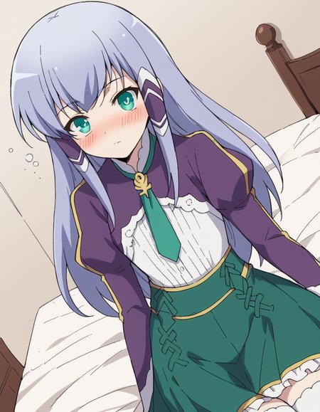 score_9, score_8_up, score_7_up, source_anime, <lora:elze-silhoueska-s2-ponyxl-lora-nochekaiser:1>, elze silhoueska, long hair, blue eyes, green eyes, blue hair, aqua eyes, hair tubes,, skirt, thighhighs, white thighhighs, puffy sleeves, white shirt, necktie, green necktie, purple sleeves, green skirt, frilled skirt, indoors, bed, bed room, on side, blush, drunk,, , v,, looking at viewer, solo,, dutch angle, cowboy shot