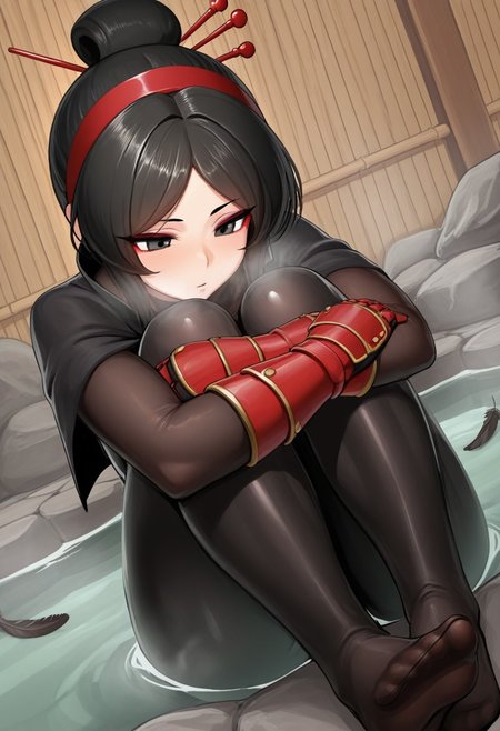 9is,  outdoors, undershirt, falling feathers, black bodysuit, hair stick, hugging knees, knees to chest, gauntlets, eyeshadow, red gloves, two sides up, black capelet, red hairband, black eyes, 1girl, solo, feet, visible breath, dynamic angle, foreshortening, smell, steam, onsen, water