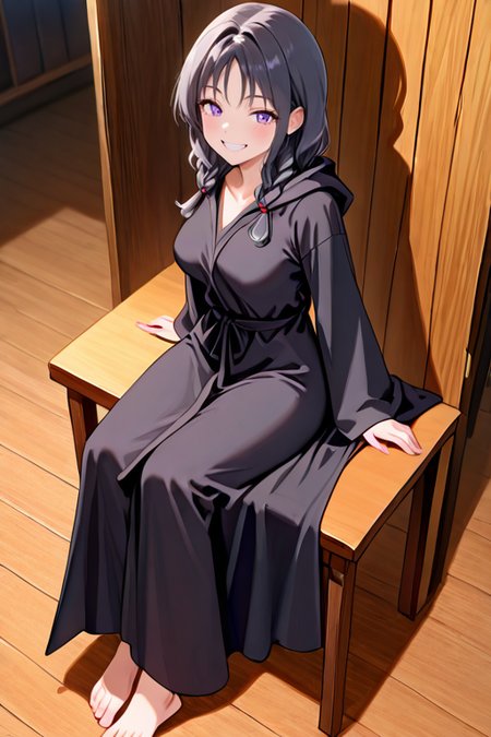 masterpiece, High quality, Ultra detailed, 2d, newest, absurdres, highres, BREAK
1girl, solo, <lora:saki_kiriya:0.8>, saki_kiriya, long hair, twin braids, braid, black hair, purple eyes,  
medium breasts, sakind, long sleeves, black robe, hooded robe, barefoot, 
smile, full body, sitting, teeth,