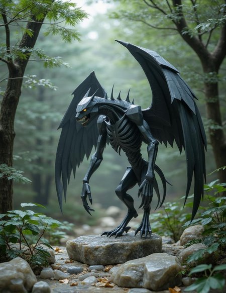 <lora:ck-polygon-gems-0019.safetensors:1> a crafted gemstone model in the style of cklg featuring a
In the heart of a once-thriving forest, now a desolate wasteland, a monstrous figure emerges from the shadows. The creature’s skeletal frame, draped in dark gray skin, looms menacingly over the broken remnants of what was once a vibrant ecosystem. Its large, feathered wings are tattered and ragged, a testament to the decay that surrounds it. The forest floor is littered with fallen leaves, their colors muted and lifeless, offering a stark contrast to the sharp, detailed texture of the creature’s skin.
The air is thick with mist, weaving through the gnarled, skeletal trees that stand like sentinels over the ruins. The creature’s hunched shoulders and hunched posture add to its unearthly presence, its sharp teeth and large claws glinting in the sparse, natural light that filters through the dense canopy. Its eyes, glowing with an eerie light, pierce through the gloom, adding to the sense of menace and foreboding.
The forest, once a place of beauty and life, now lies in ruins. Buildings and structures, their once-grand facades now crumbling, dot the landscape. Crumbling walls and broken archways stand as solemn reminders of a civilization long forgotten. The interplay of light and shadow casts long, twisted shadows, highlighting the contrast between the skeletal remains of the forest and the few patches of green that stubbornly persist.
The creature, a blend of natural and supernatural elements, embodies the eerie atmosphere of the scene. Its presence is a haunting reminder of the power of nature and the relentless march of decay. The air is heavy with the scent of old wood and damp earth, creating a mood that is both unsettling and profound. The forest, now a place of mystery and danger, invites the viewer to imagine what once was and what remains.