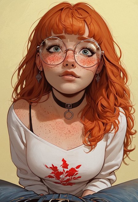 score_9, score_8_up, score_8_up, 1 Caucasian ginger girl, 1 girl, ginger hair, ((long hair)), ((bangs)), straight hair, choker, portrait, nervous, looking up at viewer, blushing, happy to see viewer, POV, round aesthetic glasses, ((freckles, streetwear, oversized jeans)), average tits, teardrop shaped tits, fit body, thin waists, beautiful, day lighting, negative_hand, g0thicPXL, GTA