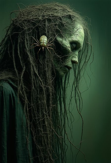 A close-up of a witch’s tangled, matted hair, with a grotesque insect crawling out of the strands, captured in a disturbing and surreal moment, shot on Hasselblad 500C/M with a Zeiss Planar 50mm f/1.4 lens, muted green and violet hues, film grain, cinematic lighting, medium format film, unsettling and grotesque.