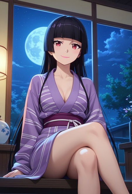 score_9, score_8_up, score_7_up, source_anime, rorymercury,
<lora:rory-mercury-s1s2-ponyxl-lora-nochekaiser:1>, rory mercury,
1girl, solo, closed mouth, light smile,
long hair, black hair, red eyes, hime cut, blunt bangs, lipstick,
yukata, purple kimono, open kimono, breast,
sitting, crossed legs, looking at viewer, 
indoors, window, night, moon