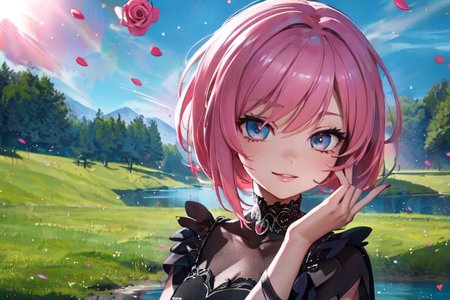 (masterpiece:1.4), 4K8K, (anime style), (high shutterspeed:1.4), (sharp edges), 
SyFyEye1, FanFo, 
1woman  hands togather,  leaning foward, face focus, smile, closed mouth, 
wearing Celtic style dress, (Detailed face, Detailed eyes, Detailed lips), (solo), 
pink hair, any colored roses, Fantastic, grass firld, river-side,