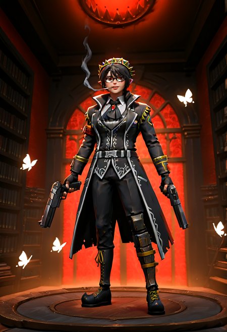 IllustriousQual <lora:StS-Illustrious-Detail-Slider-v1.0:2> <lora:cfg_scale_boost:0.3> <lora:Tinseltoes_IL_-_V1:1> TinseltoesIL, elf hat, black hair, twin braids, brown eyes,detailed_background,indoors,white butterfly,shoes,highres,dual wielding,ascot,black pants,yellow eyes,e.g.o \(project moon\),butterfly,inoka nana,weapon,black coat,gun,coat,bug,cigarette,gregor \(project moon\),smoking,black footwear,project moon,black butterfly,black ascot,absurdres,smoke,pants,solemn lament \(e.g.o\),holding,brown hair,handgun,insect,lapels,glasses,solo,low ponytail,limbus company,1boy,library of ruina,notched lapels