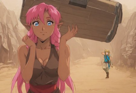 Pink_DragonPink, 1girl, sleeveless dress, white tiger print dress, pelvic curtain, cleavage, white tiger tail, red sash, small breasts, leather shoes, masterpiece, very aesthetic, smiling wide, <lora:pink-illustrious:1>, 
Break
1boy,Anime screencap,link (zelda),blonde hair,blue eyes,pointy ears, low ponytail, sidelocks, wearing blue hyilian tunic, 
Break
Hyrule dungeon interior, super_strength, pink_dragonpink holding an ornate treasure chest, over head, hands up, over her head like an item