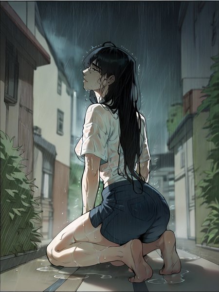 score_9, score_8_up, score_7_up, score_6_up, score_5_up, wthi, 1girl, long hair, wet shirt, kneeling, shorts, rain <lora:wthiXLP2:1>