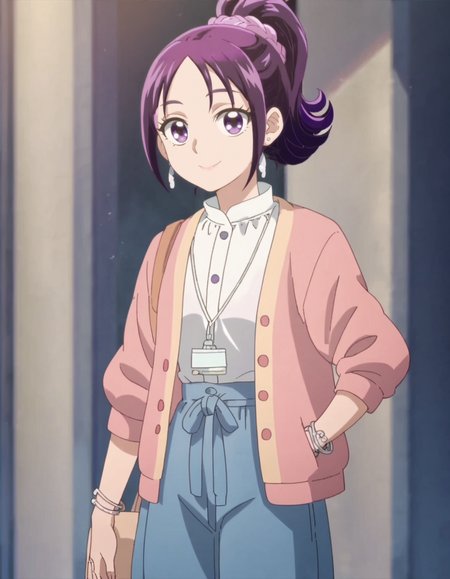 sscore_9, score_8_up, score_7_up, 1girl, solo, anime screencap, 1girl, solo,mishoumai,  smile, looking at viewer, jewelry, cardigan, shirt, bracelet, pink cardigan, white shirt, closed mouth, cowboy shot,<lora:mishoumai:0.8>