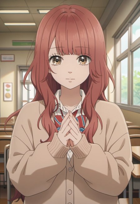 score_9, score_8_up, score_7_up, source_anime, kanno serina, red hair, long hair, brown eyes, 1girl, solo, looking at viewer, own hands together, school uniform, indoors, food, long sleeves, cardigan