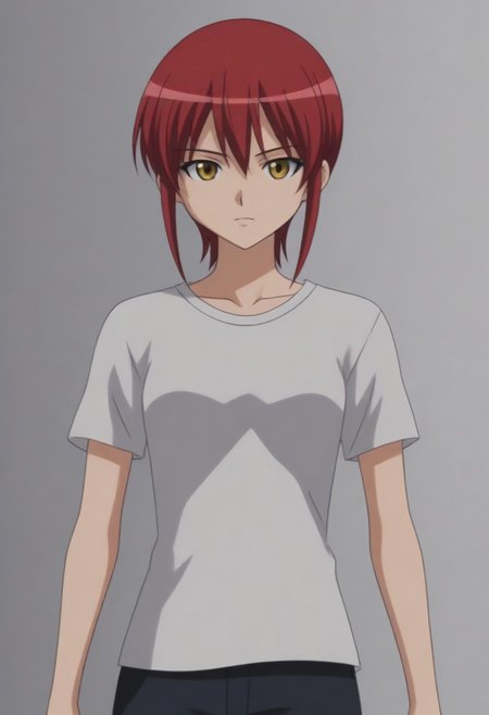 source_anime, anime screencap, source_anime, auratheguillotine, anime screencap, masterpiece, source_anime, shiny skin,,,,,,black t-shirt,1girl, solo, rza, red hair, yellow eyes,