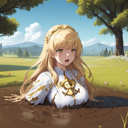 masterpiece, best quality, digital art, deviantart, 1girl, golden hair, large breasts, white dress, gold ornaments, priestess, green grass, hills in the distance, trees, flowers, blue sky, partially submerged, brown mud, mud bog, sticky mud, scared, worried, screaming, close up, upper body shot