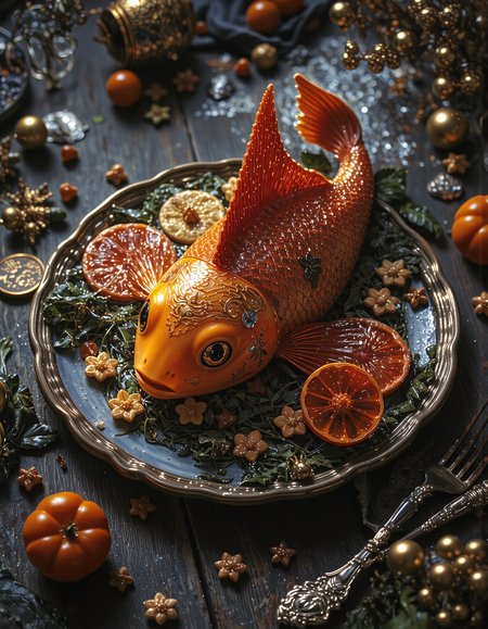 Magikarp pokemon lies on dinner plate  <lora:flux.1_lora_flyway_Epic-detail_v2:0.8> <lora:Elden_Ring_-_Yoshitaka_Amano:0.5> <lora:anhei_first_flux_lora_v1:0.7> anhei