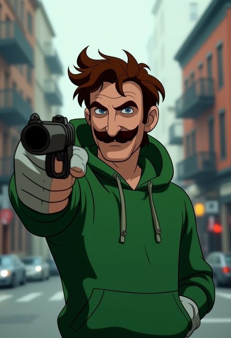Disney anime of Luigi from Nintendo's Super Mario Bros in Disney Morph Disney style, Luigi stands outdoors wearing his faded green hoodie with the hood up with curly brown hair, a large nose and moustache is partially visible under his green hoodie, his hands are layered with striped gray fingerless gloves, Luigi points a silenced pistol, a gun equipped with a silencer in the direction of the viewer, giving off a threatening demeanor. The setting is urban in new york, 
The words "Deny", "depose", and "delay" feature in the image