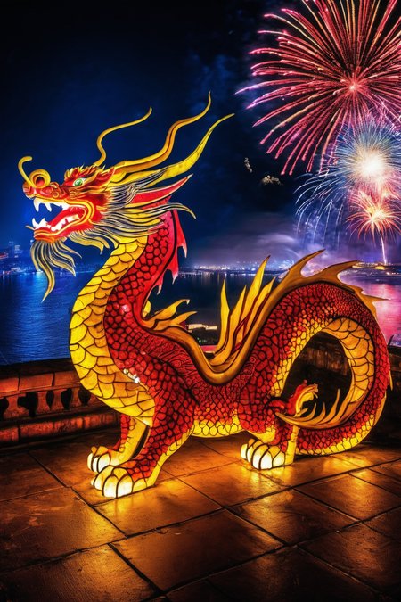 new year celebration,  art work,  red and yellow dragon,  16k,  best quality,  HDR,  night,  show people,  Fireworks 2024 on sky,  16k,  HDR,<lora:EMS-255229-EMS:0.600000>,<lora:EMS-88628-EMS:0.800000>