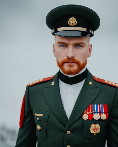 a russian soilder in a white uniform with black fur trim and red medals, handsome ginger man, blue eyes, youthful, playful, flirty, showboat, (lightroom) red:68% blue:41% green:37% filmgrain_minimal, texture:+25%, clarity: +40%, Contrast:+15%, shadows: +11% , sharpen:100%