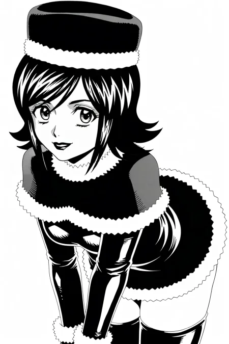 score_9, best, masterpiece, uncensored,
1girl, solo, smile,  monochrome, greyscale, manga illustration, closed mouth,
FujiwaraChiyokoChocoManga, FurOutfit, gloves, latex high heel thigh boots, fur-trimmed dress with fur-trimmed sleeves, fur hat, fur-trimmed capelet, fur collar, flipped hair, lipstick,
<lora:FamiresSenshiPuddinFujiwaraChiyokoChocoManga_V3:0.8>​​​