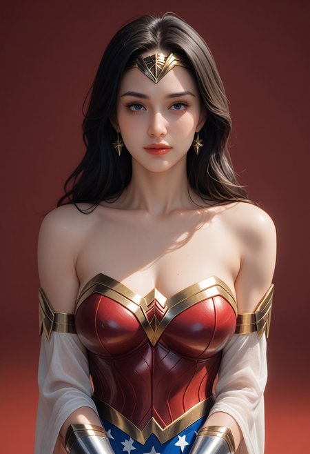 score_9,score_8_up,score_7_up, cinematic, extremely high definition, dramatic lighting, masterpiece,bestquality, extremely detailed, 8k, hd, expressiveh, red background, ddpapa,
BREAK
1girl, solo, (Wonder Woman from Wonder Woman), white outfit, outfit, detached sleeves, bare shoulders, 20 years old,  medium breasts, ((intense pleasure,  affectionate)), perfect hand,
BREAK