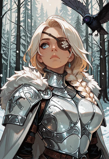 1girl, white armor, raven, jewelry, , blonde hair, breastplate, long hair, , upper body, freckles, , cape, signature, fur trim, artist name, animal, nose, solo, plate armor, mole under mouth, closed mouth, gorget, shoulder armor, (eyepatch:1.2), white hair, winter, single braid, Viking, tribal tattoo, snow, large breasts, white cape, 2 black bird, blue eyes, odin, depth of field, dynamic lighting, forest, leather, expressionless, long hair, looking to the side, masterwork, masterpiece, best quality, dynamic lighting , dynamic pose,  (lineless:1.5), dynamic angle, lips, nose
