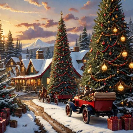 (((4k uhd))), (((high dynamic range:1.8))), ultra detailed, real photographic  nikon z7,  rich color,  christmas tree farm 1920's, rockwell masterpiece, highly detailed environment, (((highly detailed objects:1.4))), disco elysium OverallDetail (Thomas Kinkade Style)