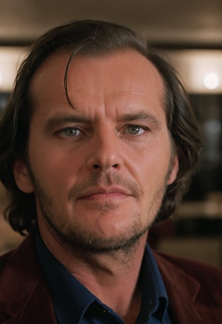 Jack Torrance, closeup, CineShining, indoors, Overlook Hotel, office, highly detailed, 4K, (stylish grainy analog 35mm film photo)