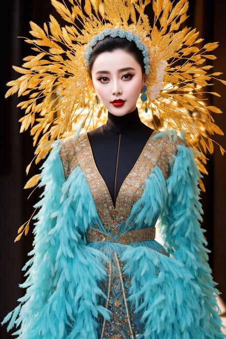 Masterpiece, high quality, 4K, beautiful design, shiny, from the front, award winning photo, extremely detailed, amazing, fine detail, absurdres, highly detailed woman, extremely detailed eyes and face, by lee jeffries nikon d850 film stock photograph 4 kodak portra 400 camera f1.6 lens rich colors hyper realistic lifelike texture dramatic lighting unrealengine trending on artstation cinestill 800 tungsten, solo, 1girl,
fanbingbing, a woman in a black dress and a gold jacket, covered in blue feathers , wearing fanbingbing fashion, 
 <lora:FanFashion:0.825>