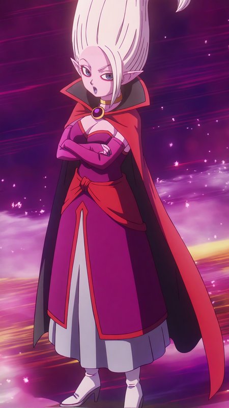 source_anime, masterpiece, best quality, amazing quality, anime screencap, high quality, 8k, absurdres, official style, bright, <lora:Dr_Arinsu_iL:1>, dr 4r1n2u, blue eyes, white hair, long hair, lipstick, purple lips, pointy ears, colored skin, dress, cleavage, medium breasts, purple sleeves, finger loop sleeves, cape, choker, skirt, boots, high heels, heels, standing, arms crossed, looking at viewer, :o