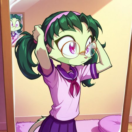 Dreamkeepers,1girl,prelude_lilith,solo,furry,tail,green hair, source_furry,glasses,magenta eyes,masterpiece, 
kid, child, 
indoors, mirror, tying_hair, twin_tails, hairband, school_uniform, focused_expression, soft_lighting, warm_colors, casual_pose, cute, cozy, detailed_background