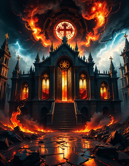 A once-majestic celestial temple, now under siege by the forces of Hell. The grand white stone structure is cracked and scorched, its golden crosses twisted and broken. The stained-glass windows, once glowing with warm divine light, are now shattered, with demonic symbols glowing ominously in their place. The sky, once a serene blue, is now consumed by dark storm clouds, swirling with red lightning and thick smoke.
Black, jagged chains extend from the sky, wrapping around the temple as if trying to pull it down into the abyss. The once-fluffy clouds beneath the structure are now a chaotic mix of fire, ash, and dark mist, with glimpses of molten lava cracks below. Infernal creatures with glowing red eyes lurk in the shadows, their silhouettes barely visible through the smoke and fire.
The temple doors are blown open, revealing an eerie red glow emanating from within, as if Hell itself is consuming the sacred space. Massive demonic runes are etched into the stone, pulsating with an unholy energy. The entire scene is bathed in a deep crimson and orange glow, giving it an apocalyptic and nightmarish atmosphere.
Style & Lighting:
- Dark fantasy, highly detailed
- Dramatic, high-contrast lighting with fiery glows
- Cinematic composition, epic scale
- Strong use of shadows, embers, and atmospheric foghighly detailed and atmospheric view from inside a massive birdcage, large enough for a human to stand inside. The cage is made of ornate, aged metal bars with intricate Victorian-style patterns, curving elegantly towards the domed ceiling. Sunlight filters through the gaps between the bars, casting long, dramatic shadows on the wooden floor. Delicate vines and small flowers have begun to grow around the bars, adding a touch of nature reclaiming the space. The background beyond the cage is blurred, hinting at a lush garden or a mysterious, abandoned mansion. The ambiance is serene yet slightly melancholic, with warm golden light illuminating dust particles floating in the air. Soft feathers are scattered on the floor, adding to the sense of quiet abandonment. The perspective makes the viewer feel as if they are inside the cage, looking outward, surrounded by both beauty and confinement. The style is highly detailed and realistic, with a cinematic and slightly surreal atmosphere.
<lora:SDXLFaeTastic2400:0.4> <lora:extremely_detailed:0.4> extremely detailed,evil celestial t3mpl3, <lora:evil_celestial_t3mpl3-p:1>, Masterpiece,best quality,hi res,8k,hi res,8k,award winning,(sharp focus, intricate, highly detailed),