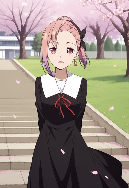 anime screencap, masterpiece, best quality,
<lora:Kaguya-samaWaKokurasetai_KoyasuTsubame_IlluXL:0.9>,
1girl, solo, open mouth, light smile,
asymmetrical hair, single hair bun, short hair, multicolored hair, pink hair, purple hair, pink eyes, no pupils, bow hairband, black bow, single earring,
white collar, neck ribbon, red ribbon, medium dress, black dress, long sleeves,
floating clothes, wind,
arms behind back, standing, looking at viewer, cowboy shot,
cherry blossoms, falling petals, grass, tree, school, stairs, outdoors, photo background, blurry background