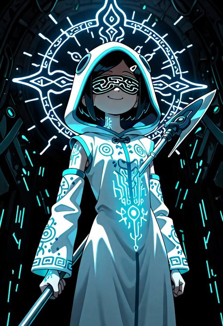 1gril, solo, Marcy, black hair, short hair, hairclip, dynamic angle, cowboy shot, action pose, glowing (circuit tattoo:1.2), robe, detached sleeves, hood up, noble, simulator, blindfold, covered eyes, shaded face, smug,  holding polearm, sanctuary, runes, (electricity:0.5), over technology, geometry, white theme, polarized, chromatic aberration, disintegration effect, (abstract expressionism:0.6), fantasy, science fiction, future, ancient, masterpiece, best quality, amazing quality, very aesthetic, absurdres, newest, <lora:circuit_tattoo:1>