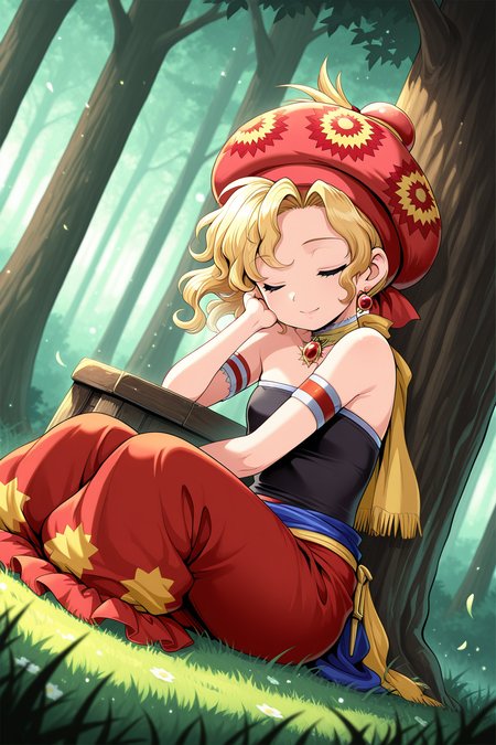 1girl, RelmArrownyFinalFantasy, 
general, solo, dutch angle, half body,
short hair, blonde hair, wavy hair, closed eyes,
hat, earrings,
choker, jewelry, scarf, 
armband, 
strapless,
sitting, sleeping, leaning on object, tree, smile,
fantasy, outdoors, spring, forest,, wind,
<lora:kp_RelmArrownyFinalFantasyIllustrious_v1_0:1.0>,
masterpiece, best quality, amazing quality