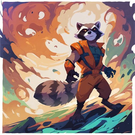 concept art, score_9, score_8_up, score_7_up, score_6_up, rocket raccoon from guardians of the galaxy, comic, standing, highres, shaded,  detailed background, lots of stuff