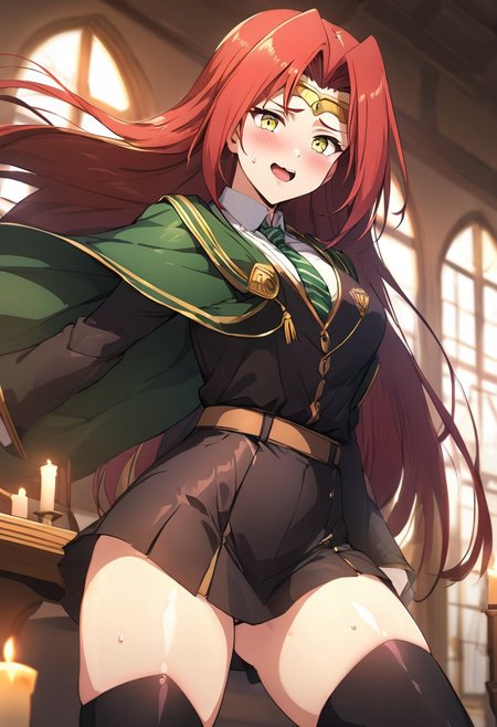 (best quality) , (highly detailed) , (best quality) , (highly detailed) ,((masterpiece)), ((best quality)), (ultra-detailed), ((extremely detailed)), (high resolution), 4K, (8K), best quality, (beautiful), (dynamic lighting), (super detailed skin), sharp focus, 1girl
<lora:fana_v1:1>,fana,circlet,red hair,yellow eyes, smiling, long hair
<lora:Fixhands_anime_bdsqlsz_V1:1>,
BREAK
wide sleeves, striped necktie, thighhighs, sweater, skirt, robe, hazy, wind, table, window, candle, aisle, great hall, hogwarts school uniform, 1girl, sweat, scared, shy, blush, slim figure, <lora:girllikeslytherin:0.8>  (((lustrous skin:1.5,bright skin: 1.5,skin,shiny skin,very shiny skin,shiny body,plastic glitter skin,exaggerated shiny skin,illuminated skin))),(detailed body,(detailed face)), Face Focus, Upper Body