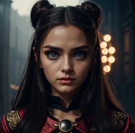 (brunette_ponytail conjurer,:0.8) (((( retro), warlike), otherworldly)), magical, high fantasy, waist up, perfect eyes, huge eyes, kawaii eyes, gaze, highest quality, HD, 4k, fstop, depth of field, cinematic lighting, best illumination, cinematic, 18 years old, cute, fit, stunning, dazzling, atmospheric, vibrant