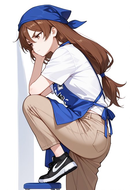 masterpiece,high quality details, absurdres,
 <lora:Natsuno_Yamada:0.8>
natsuno_cnr, 1girl, brown hair, long hair, hair between eyes, brown eyes, thick eyebrows,low-tied long hair,
employee uniform, white shirt, short sleeves,blue apron,brown pants, blue headwear,black sneakers, clothes writing,, simple background, white background, from side,solo,, depressed,angry,, one foot up,neutral expression,serious,