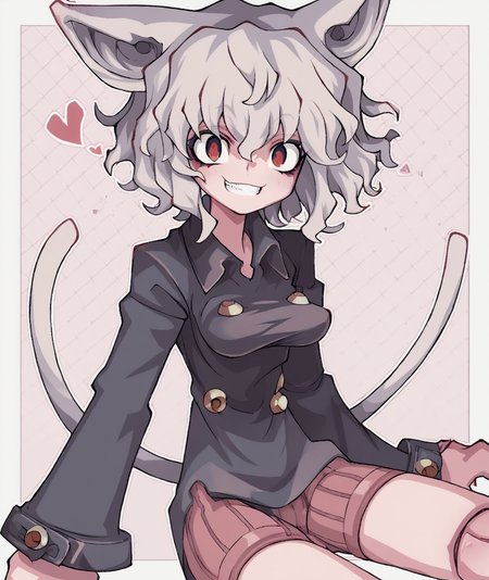 score_9, score_8_up. score_7_up,<lora:michael_jadeite:1>,michael_jadeite,
 neferpitou , score_9, michael_jadeite, animal ears, cat tail, smile, doll joints, looking at viewer, 1other, long sleeves, shorts, medium breasts, other focus, short hair, red eyes, grin, heart, 1girl, sitting, grey hair, shirt, cat girl