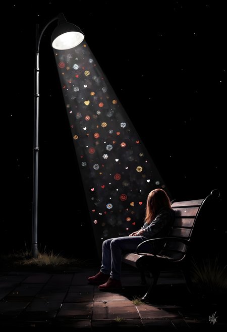 cinna flow, a shadow sitting on a park bench with a single street light casting a light filled with intricate patterns of faces and flowers and hearts, onto the figure. The scene takes place at night.
