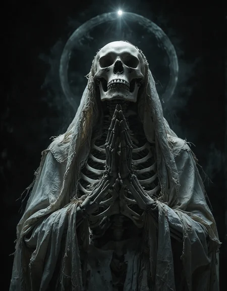 centered, haunting and evocative image of a skeletal figure in a reverent prayerful pose, the skeleton is draped in tattered flowing robes, with bony hands clasped together in supplication, The skull is tilted upwards, and a faint glowing halo encircles its head, a surreal and spiritual element, The background is stark and dark, high contrast the white bones and the ethereal glow of the halo, hope of light, atmosphere is dark and eerie, contemplative, otherworldly, themes of mortality, spirituality, the macabre, <lora:MJ52:0.4>, <lora:add-detail-xl:1>, <lora:- SDXL - vanta-black_contrast_V3.0:0.3>