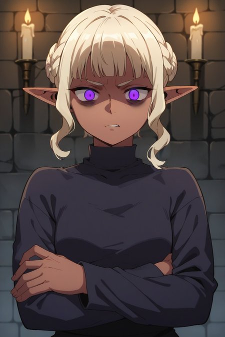 score_9, score_8_up, score_7_up, source_anime, 1girl, prefect lighting, very aesthetic, intricate details, highly detailed background, masterpiece, high quality, prefect hands, best quality, solo,
<lora:Thistle_Dungeon_Meshi_V1_r2-000007:.85>, pointy ears, light red skin, dark-skinned female, dark skin, purple eyes, cream hair, blunt bangs, sidelocks, braid, hair bun, bags under eyes, glowing eyes, 
long sleeve, black poncho, 
tired, standing, crossed arms, from front, POV, disgust, looking down, clinch teeth, 
dungeon, stone wall, dark, candles, dimly lit,
(Beautiful, small Breasts:1.2), natural breasts,