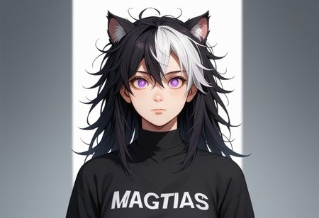 (score_9), (score_8_up), (score_7_up), (score_6_up), (score_5_up), (score_4_up), (masterpiece), (best quality), source_anime+, BREAK, ((1girl, Foxgirl, Black Fox Ears, Black Fox Tail)), (((Long Hair, Messy Hair, Black Hair, Two-Tone Black Hair, Left White Hair Highlight)), ((Purple Eyes, Almond-Shaped Eyes))), Slightly Above Average Facial Appearance