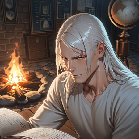 masterpiece, best quality, amazing quality, absurdres, newest, detailed background, definition so sharp, Ultra-HD, 8K cinematic, very awa, impressionate, amazing quality, highres, 
solo, male focus, manly, shadow, shiny skin, mature male, extream close-up, soft coloring,
mitsuhisahachiya, mitsuhisa_grey hair, mitsuhisa_yellow eyes, 1boy, long hair, scar across eyebrow, traveler, storyteller, experienced_man, passport, globe, old_maps, campfire, foreign_city, cultural_exchange, engaging_smile, wise_eyes, comfortable_clothing, warm_atmosphere, listening_audience