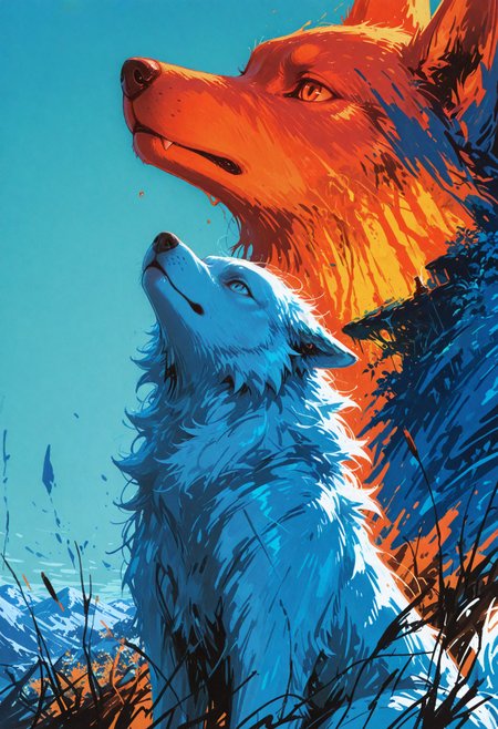 masterpiece, best quality, amazing quality, very aesthetic, absurdres, newest, scenery,(impressionism, oil painting \(medium\):1.7),
wolf, canine, white fur, fluffy tail, feral, animal focus, warm lighting, brush_strokes, (silhouette_wolf:1.5),
head_tilted_up, warm_colors, cool_colors, orange background, blue background, color contrast, glow_effect   